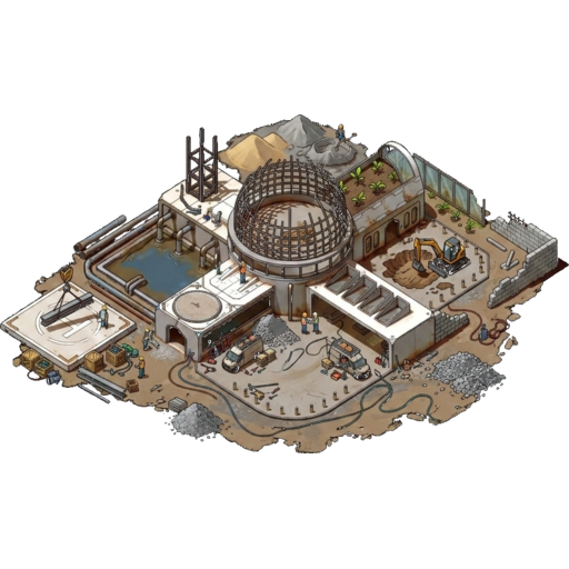 The headquarters at level one — a bare steel dome under construction, scaffolding and rubble