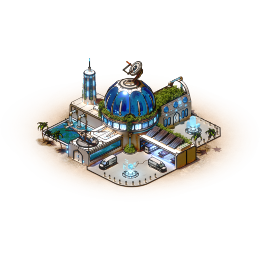 Isometric artwork of a fully upgraded solarpunk settlement headquarters from Project Amal